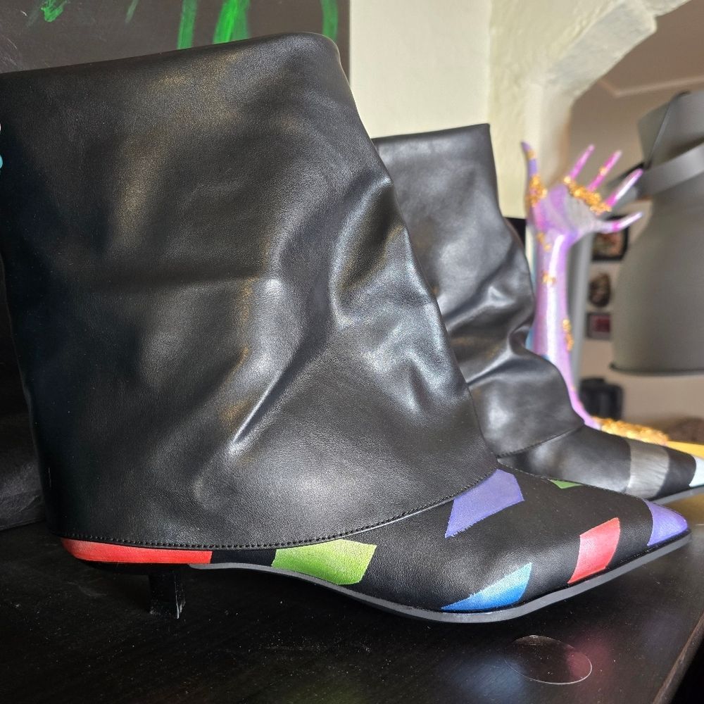 HANDCRAFTED Upcycled Abstract Ankle Boots HANDPAINTED Kitten Heel Slouch Booties - Picture 6 of 16